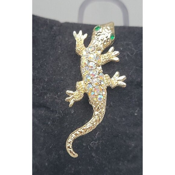 Vintage Gecko Lizard Brooch Pins Aurora Boreal Rhinestones Gold Tone Green Eyes - Picture 2 of 9